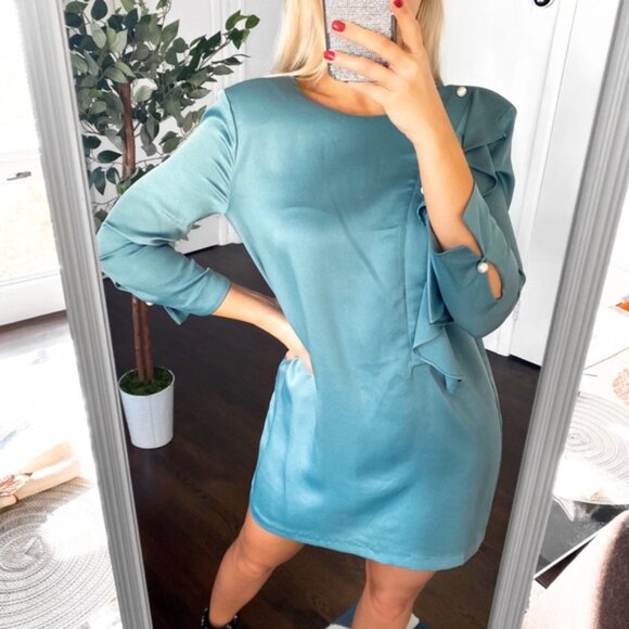 🎄 ZARA SAGE PADDED SHOULDER PEARL RUFFLE DETAIL LOOSE MINI DRESS! - Picture 2 of 16